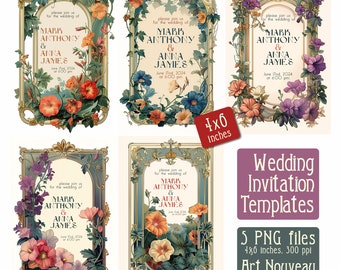 May include: Five printable wedding invitation templates in Art Nouveau style with floral designs. Each template is 4x6 inches and features a gold frame with a floral border. The text on the templates reads "Please join us for the wedding of Mark Anthony & Anna James".