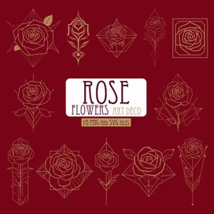 Puede incluir: Ilustraciones de rosas doradas en estilo Art Déco sobre un fondo burdeos. La imagen presenta varios diseños de rosas dentro de formas geométricas, con el texto "ROSE FLOWERS ART DECO" y "16 PNG AND SVG FILES".