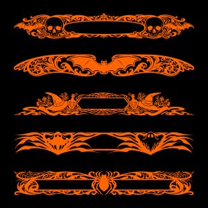 May include: A set of five horizontal decorative borders in bright orange on a black background. The designs feature intricate filigree patterns incorporating skulls, bats, witch hats, potion bottles, ghosts, and spiders with web motifs.