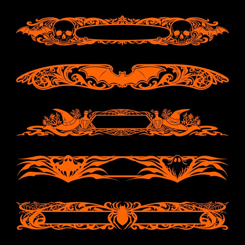 May include: A set of five horizontal decorative borders in bright orange on a black background. The designs feature intricate filigree patterns incorporating skulls, bats, witch hats, potion bottles, ghosts, and spiders with web motifs.