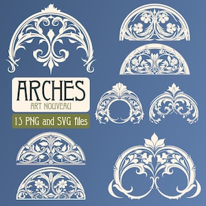 May include: A set of 15 white, decorative arches in an Art Nouveau style. The arches are made of intricate floral designs and are perfect for adding a touch of elegance to any project.