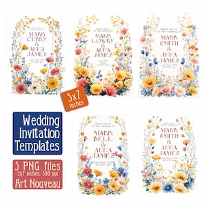 Molduras para convites de casamento de flores silvestres Art Nouveau - ilustração digital, capa vintage, PNG, download digital de arte, cartão vintage, 5x7 polegadas