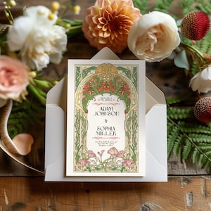 Plantilla de invitación de boda con flores estilo Art Nouveau vintage, tarjeta con detalles de invitación, etiqueta vintage Art Nouveau, tarjeta RSVP Art Nouveau, estilo boho