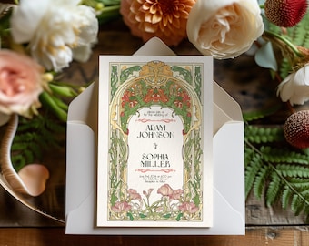 Art Nouveau Wedding Invitation Template Set | Vintage Floral Wedding Invite, RSVP & Details Card, Romantic Printable Suite