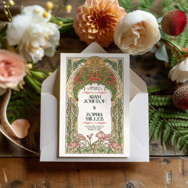 Wedding Invitation Template Flowers Vintage Art Nouveau, Invite Details card, Art Nouveau vintage label, Art Nouveau RSVP card, boho style