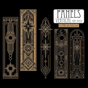 May include: A collection of five vertical rectangular panels featuring gold-colored geometric line art on a black background. The text reads PANELS VERTICAL ART DECO 17 PNG AND SVG FILES. The designs include stars, moons, and sunburst motifs.