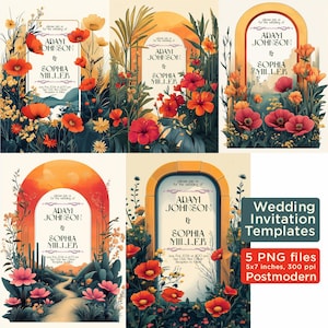 Molduras de modelos de convites de casamento Pós-moderno - ilustração digital, capa vintage, PNG, download digital de arte, cartão vintage, 5x7 polegadas