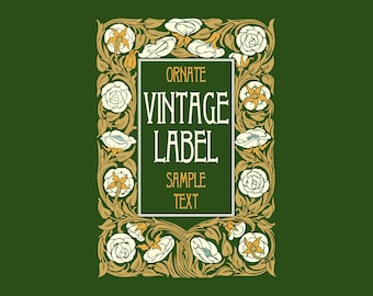 Könnte beinhalten: Ornamentales Vintage-Etikett mit floralem Design in Gold- und Weißtönen auf grünem Hintergrund. Der Text lautet "Ornate Vintage Label" und "Sample Text".