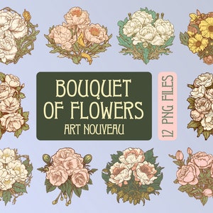 Blumenstrauß für die Braut, digitale vintage Illustration im Jugendstil, Hochzeitsstrauß, Cottagecore, png, Hochzeitsdekoration