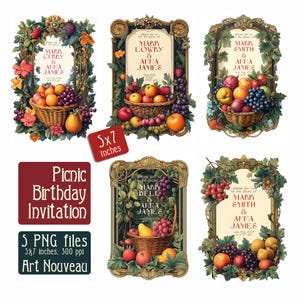 Picknick Geburtstagseinladung Vorlagen Rahmen Jugendstil - digitale Illustration, PNG, Picknickkorb Party, Vintage Karte, 13x18cm