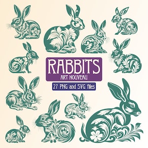 May include: A set of 9 digital illustrations of rabbits in an Art Nouveau style. The rabbits are depicted in a teal blue color and have intricate floral designs.