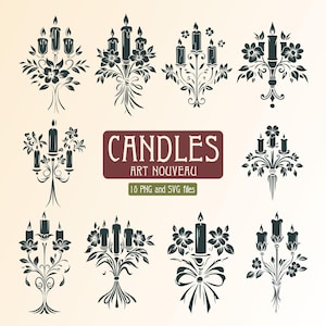 May include: A set of 10 black and white vector illustrations of candlesticks in an Art Nouveau style. The candlesticks are decorated with floral motifs and feature candles with flames. The text "CANDLES ART NOUVEAU 10 PNG and SVG files" is displayed below the illustrations.