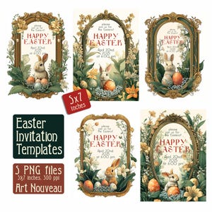 May include: Five printable 5x7 inch Easter invitation templates featuring a gold ornate frame with a white rabbit, colourful eggs, and spring flowers. The text reads "Please join us for the Easter of Happy Easter April 20th 2025 at 6:00 pm".