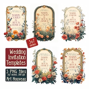 Molduras para convites de casamento de flores silvestres Art Nouveau - ilustração digital, capa vintage, PNG, download digital de arte, cartão vintage, 5x7 polegadas