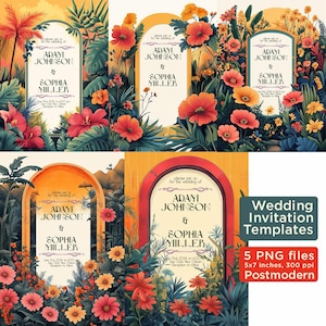 Molduras de modelos de convites de casamento Pós-moderno - ilustração digital, capa vintage, PNG, download digital de arte, cartão vintage, 5x7 polegadas