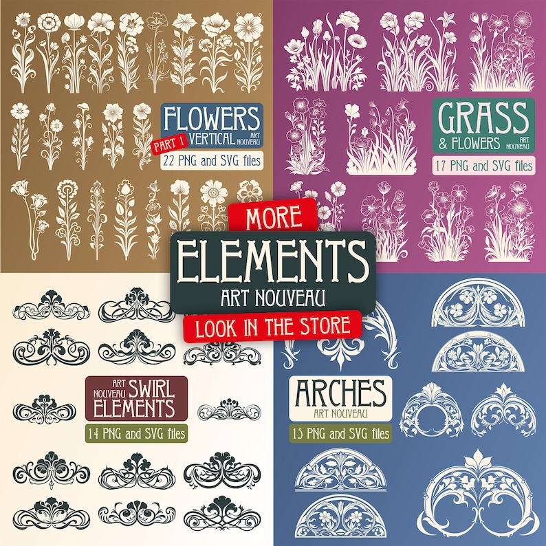 May include: A digital collection of graphic design assets featuring white floral silhouettes, grass clusters, decorative swirls, and arched patterns. The image includes text labels such as FLOWERS VERTICAL, GRASS & FLOWERS, MORE ELEMENTS, and ARCHES.