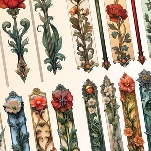 K&ouml;nnte beinhalten: Eine Sammlung von zehn digitalen Illustrationen mit filigranen Blumendesigns mit roten Bl&uuml;ten und gr&uuml;nen Bl&auml;ttern. Die Designs sind im Vintage-Stil gehalten und eignen sich perfekt f&uuml;r die Verwendung in Scrapbooking, Kartenherstellung oder anderen Bastelprojekten.