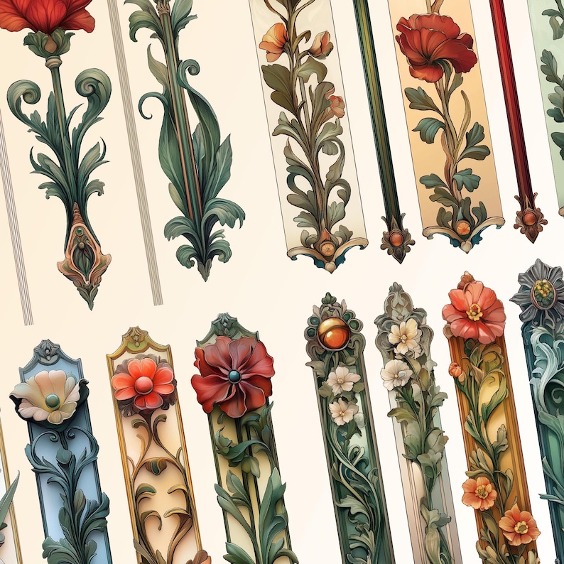 K&ouml;nnte beinhalten: Eine Sammlung von zehn digitalen Illustrationen mit filigranen Blumendesigns mit roten Bl&uuml;ten und gr&uuml;nen Bl&auml;ttern. Die Designs sind im Vintage-Stil gehalten und eignen sich perfekt f&uuml;r die Verwendung in Scrapbooking, Kartenherstellung oder anderen Bastelprojekten.