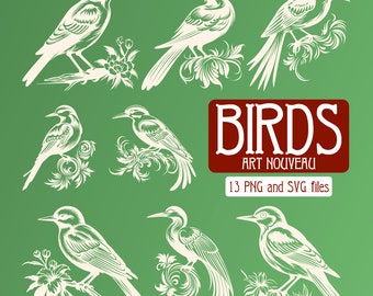 Paquete de imágenes prediseñadas de aves Art Nouveau, 13 aves vintage en formato SVG y PNG, ilustraciones botánicas de aves, conjunto de vectores decorativos.