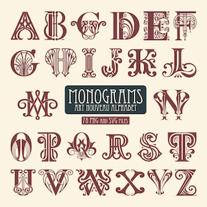 May include: A collection of Art Nouveau alphabet monograms in a deep red-brown color. The letters A through Z are displayed with ornate, decorative designs. A rectangular banner in the center reads "MONOGRAMS ART NOUVEAU ALPHABET" and "78 PNG AND SVG FILES."