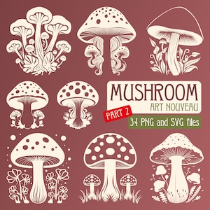Mushroom cottagecore Art Nouveau set 34 PNG & SVG, vector illustration, transparent background, vintage elements, digital download, isolated
