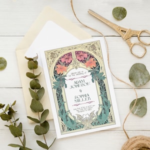 Wedding Invitation Template Flowers Vintage Art Nouveau, Invite Details card, Art Nouveau vintage label, Art Nouveau RSVP card, boho style