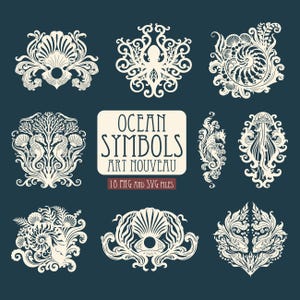 May include: A collection of off-white Art Nouveau style ocean-themed graphic illustrations on a dark blue background. The set includes designs of an octopus, seahorses, jellyfish, shells, and coral. Text reads: OCEAN SYMBOLS ART NOUVEAU 18 PNG AND SVG FILES.