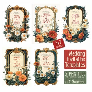 Molduras para convites de casamento Art Nouveau - ilustração digital, capa vintage, PNG, download digital de arte, cartão vintage, 5x7 polegadas