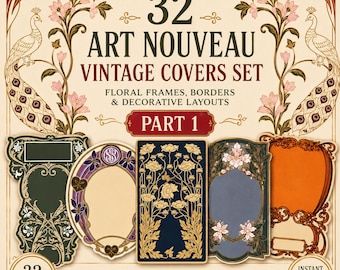 May include: An Art Nouveau vintage covers set with floral frames, borders, and decorative layouts. The image features a collection of designs with peacock illustrations, floral elements, and the text "32 Art Nouveau Vintage Covers Set". Includes AI, SVG, and PNG files.