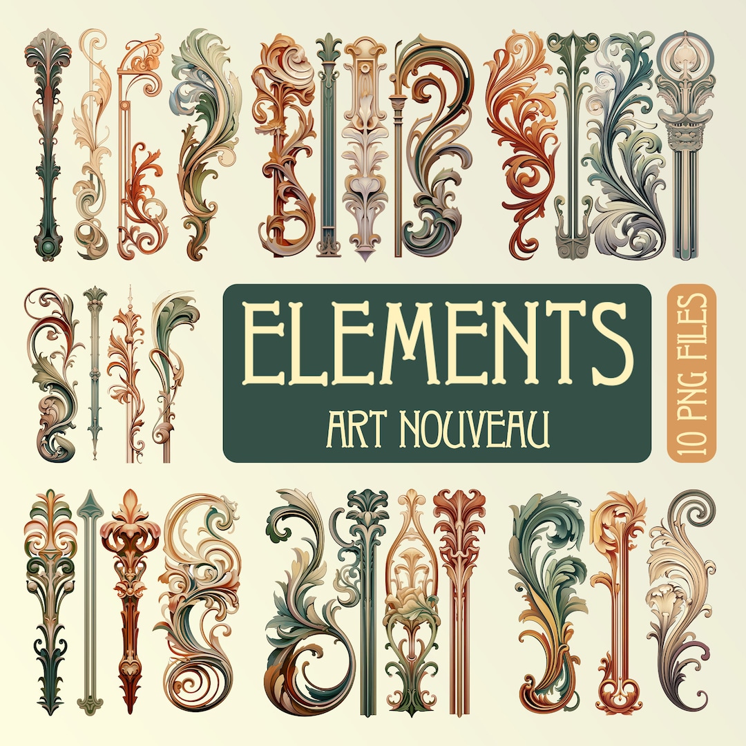 Art Nouveau Elements and Pieces Graphic Accents, Png Illustration, Transparent Background