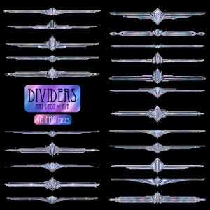 May include: A collection of horizontal line dividers featuring iridescent, crystal-like geometric shapes with sharp angles and metallic silver accents. A purple and blue gradient label displays the text DIVIDERS ART DECO Y2K 40 PNG FILES.