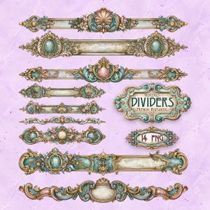 May include: A collection of ornate decorative dividers featuring intricate scrollwork, floral motifs, and shell elements in shades of gold, teal, and soft pink. The set includes a central label with the text ROCOCO DIVIDERS FRENCH ROMANTIC 14 PNG.