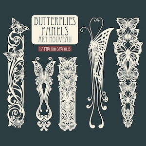 May include: A digital collection of five vertical panels featuring cream-colored butterfly and scrollwork designs on a dark background. The text reads BUTTERFLIES PANELS ART NOUVEAU and 17 PNG AND SVG FILES. These graphic elements are arranged in a row.