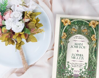 Wedding Invitation Template Flowers Vintage Art Nouveau, Invite Details card, Art Nouveau vintage label, Art Nouveau RSVP card, boho style