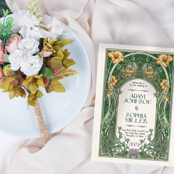 Wedding Invitation Template Flowers Vintage Art Nouveau, Invite Details card, Art Nouveau vintage label, Art Nouveau RSVP card, boho style