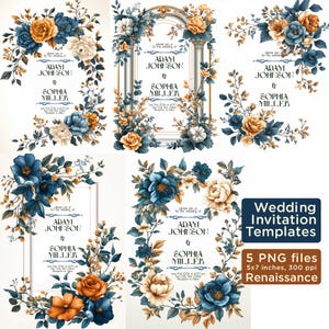 Modelos de convites de casamento molduras renascentistas - ilustração digital, capa vintage, PNG, download digital de arte, cartão vintage, 5x7 polegadas