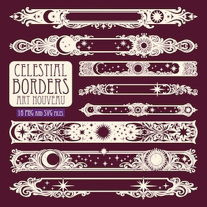 Art Nouveau Celestial Borders SVG PNG Bundle, 16 Moon & Star Decorative Borders, Mystical Vintage Dividers, Ornamental Vector Clipart