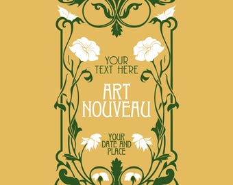 Könnte beinhalten: Ein grüner und weißer Rahmen im Art-Nouveau-Stil mit floralen Designs und dem Text "Your text here Art Nouveau Your date and place".