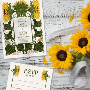 Hochzeitseinladung Vorlage Sunlowers Vintage Jugendstil, Invite Details Karte, Jugendstil Vintage Etikett, Jugendstil Antwortkarte, svg