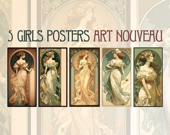 Art Nouveau Girls Posters Set, 5 Vintage Female Portrait Prints, Decorative Floral Wall Art, JPG PNG Digital Download