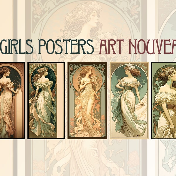 5 Girls posters Art Nouveau - digital illustration, vintage cover, JPG, PNG, Art digital download, vintage poster, clip art