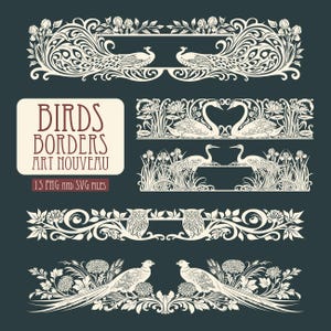 May include: A collection of digital graphic borders featuring cream-colored illustrations of peacocks, swans, cranes, owls, and pheasants on a dark background. The text reads BIRDS BORDERS ART NOUVEAU 15 PNG AND SVG FILES. These decorative elements display intricate floral and avian motifs.