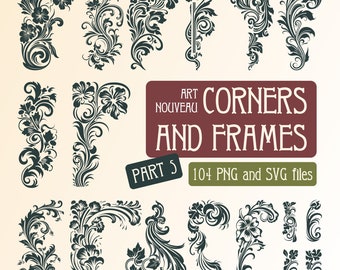 104 PNG & SVG Art Nouveau Corners and Frames Graphic Accents, vector illustration, transparent background, vintage elements,digital download
