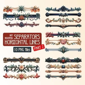 May include: Set of 10 digital art nouveau style horizontal line separators. The separators feature intricate floral designs with jewel-toned accents. The text "Art Nouveau Separators Horizontal Lines Part 2 10 PNG files" is displayed on a red background.