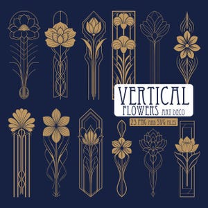Puede incluir: Diseños florales verticales dorados de estilo Art Déco sobre un fondo azul oscuro. La imagen incluye varias ilustraciones florales con intrincados trazos. El texto en la imagen dice "VERTICAL FLOWERS ART DECO" y "23 PNG AND SVG FILES."