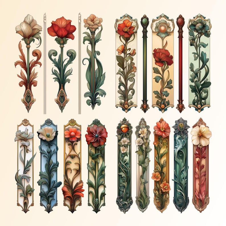 K&ouml;nnte beinhalten: Ein Set mit 16 dekorativen floralen Designs, jedes mit einem einzigartigen Muster und Farbschema. Die Designs zeichnen sich durch komplizierte Details aus und sind perfekt, um jedem Projekt einen Hauch von Eleganz zu verleihen.
