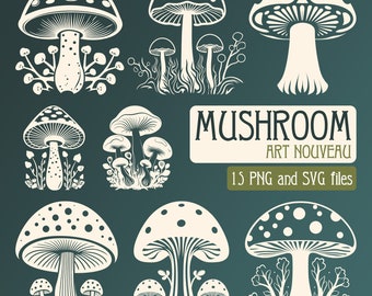 15 Art Nouveau Mushroom SVG PNG | Cottagecore Mushroom Clipart, Vintage Botanical Elements, Part 1