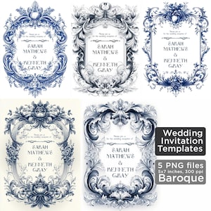 Hochzeitseinladung - Vorlagen Rahmen Barock - digitale Illustration, Vintage Cover, PNG, Kunst digitaler Download, Vintage Karte, 5x7 Zoll