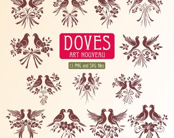 Peut inclure: Un ensemble de 13 images clipart numériques représentant des colombes dans un style Art Nouveau. Les colombes sont représentées dans diverses poses, notamment en vol, perchées et en paires. Les images sont de couleur marron et sont sur un fond beige clair. Le texte "Doves Art Nouveau" et "13 fichiers PNG et SVG" est inclus dans l'image.