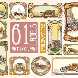Cars Art Nouveau, digital labels for wedding invitations and events, set of clip art floral frames for printing, PNG